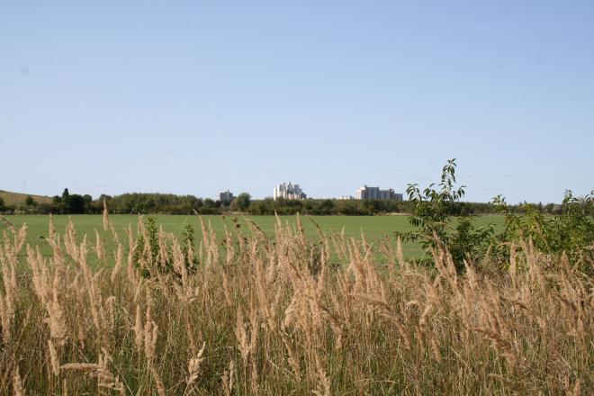 Blick auf Land mit Stadt im Hintergrund