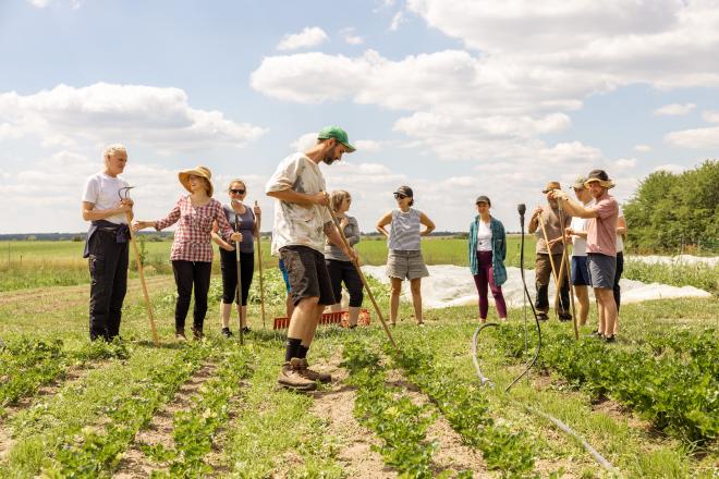 Menschen arbeiten auf einer Tiny Farm