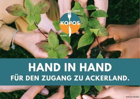 Postkarte: Hand in Hand für den Zugang zu Ackerland