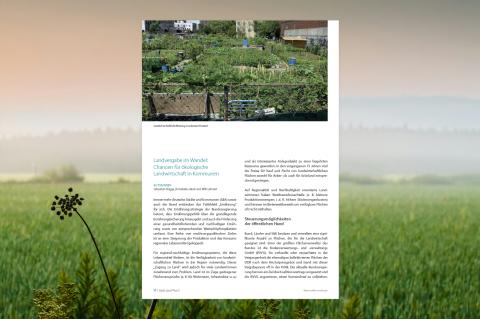 Das Bild zeigt die erste Seite des Beitrags mit dem Titel „Landvergabe im Wandel: Chancen für ökologische Landwirtschaft in Kommunen“ in einer Publikation des Deutschen Städte- und Gemeindebundes. 